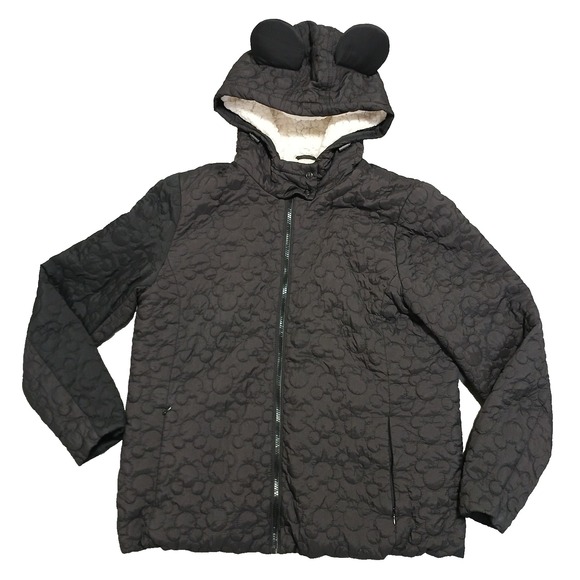 Disney Mickey Mouse Ear Hood Quilted Mickeys Sherpa Lined Jacket Black Size L - Picture 1 of 10